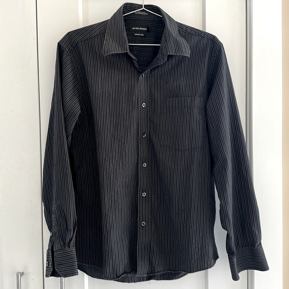 Men’s long sleeve button down, black with thin white vertical stripe, sz M